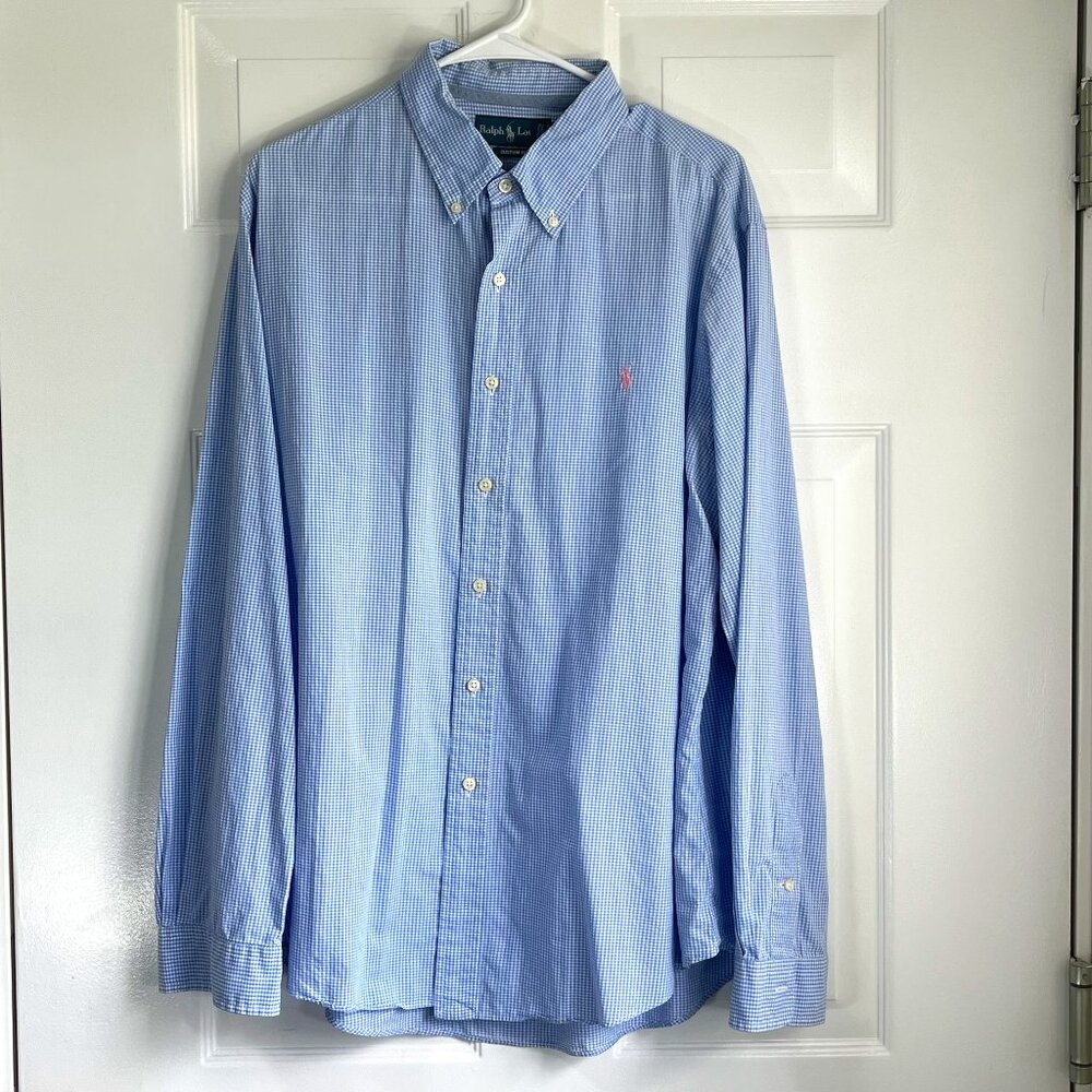 Ralph Lauren Custom Fit Oxford Baby Blue Gingham Shirt 100% Cotton Size XL